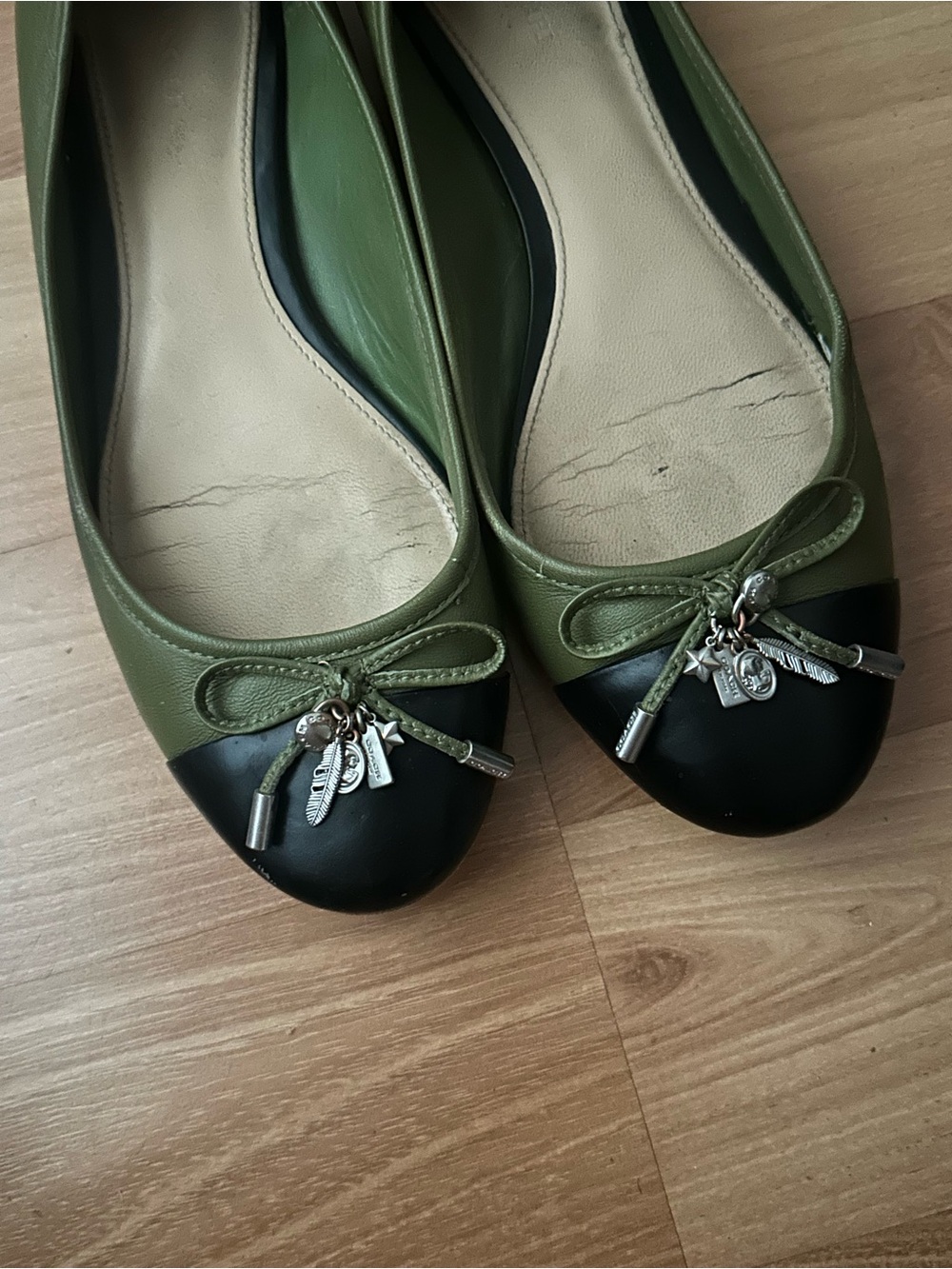 Coach Olive Green and Black Ballet Flats with Bow & Charms - Picture 2 of 6